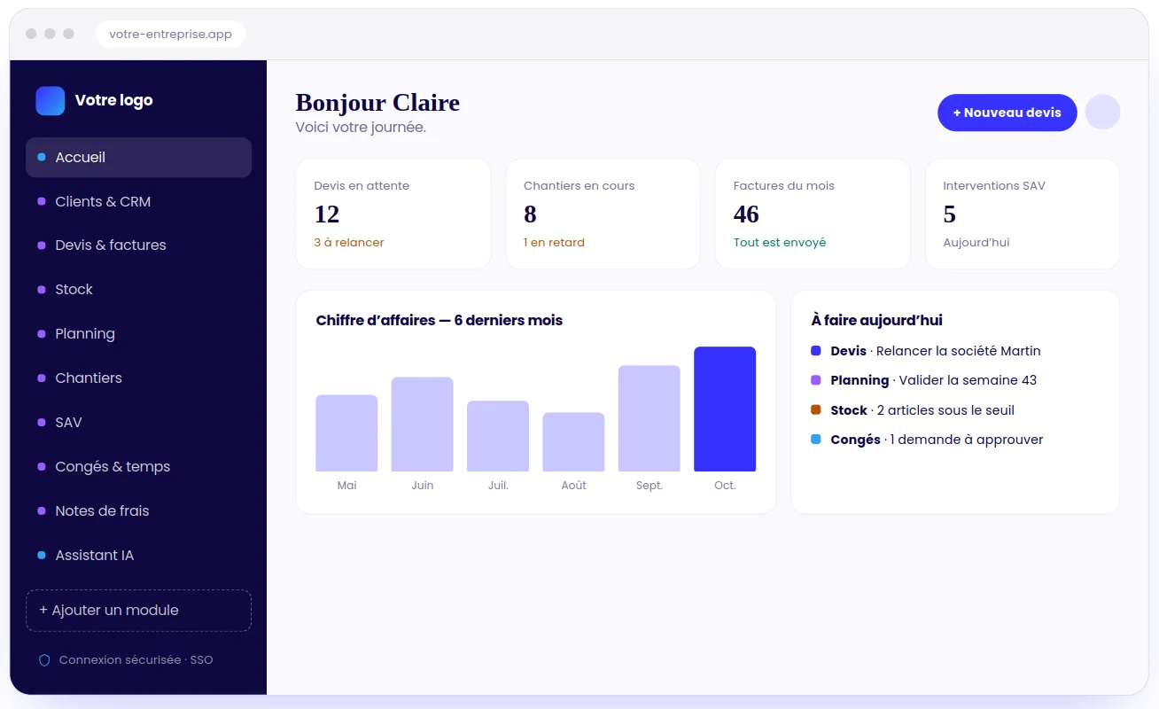 Exemple d’interface : un tableau de bord avec les modules clients, devis et factures, stock, planning, chantiers, SAV, congés, notes de frais et assistant IA
